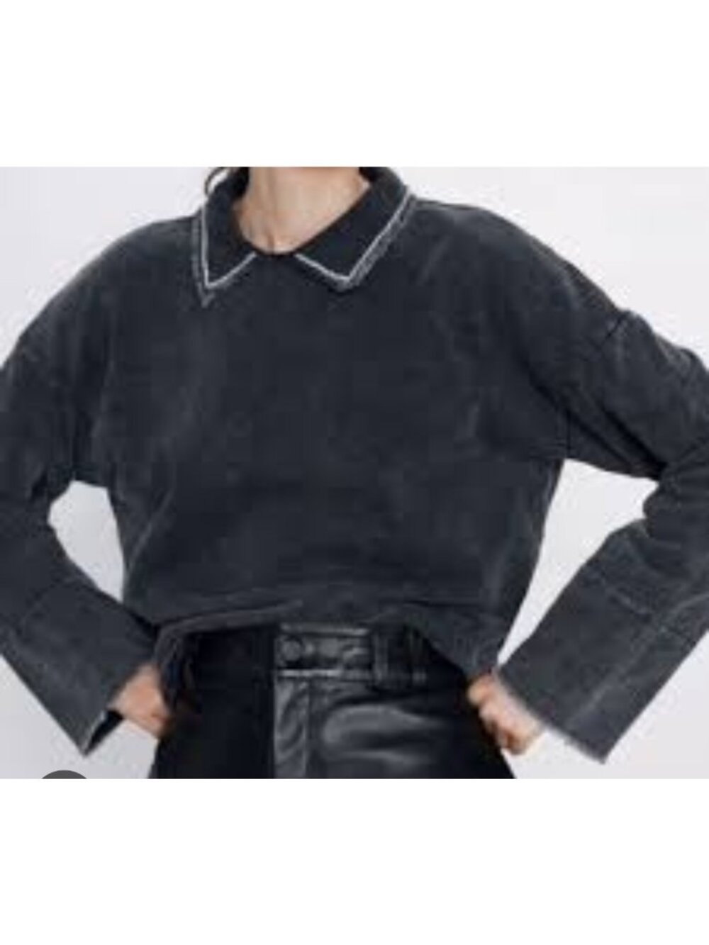 Zara Women's Sweatshirt Sz M Gray Acid Wash Rhinestone Collar Cotton